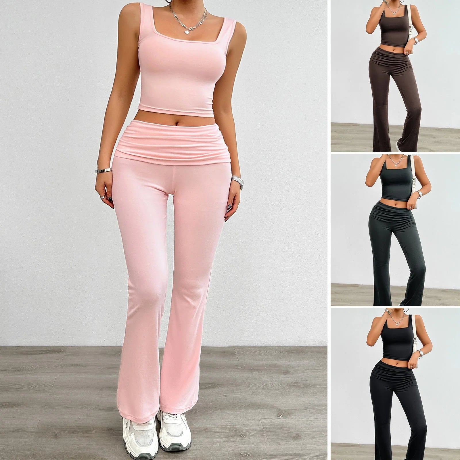 Women's casual solid colour vest and body-hugging suit set in pink, black, dark grey, and brown