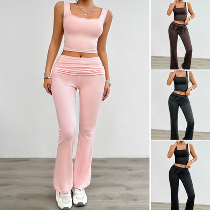 Women's casual solid colour vest and body-hugging suit set in pink, black, dark grey, and brown