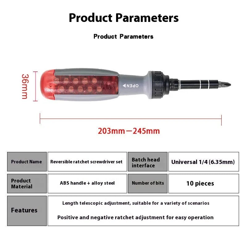 Ratchet two-way retractable screw bits set shaped screwdriver with chrome vanadium steel construction and magnetic tip