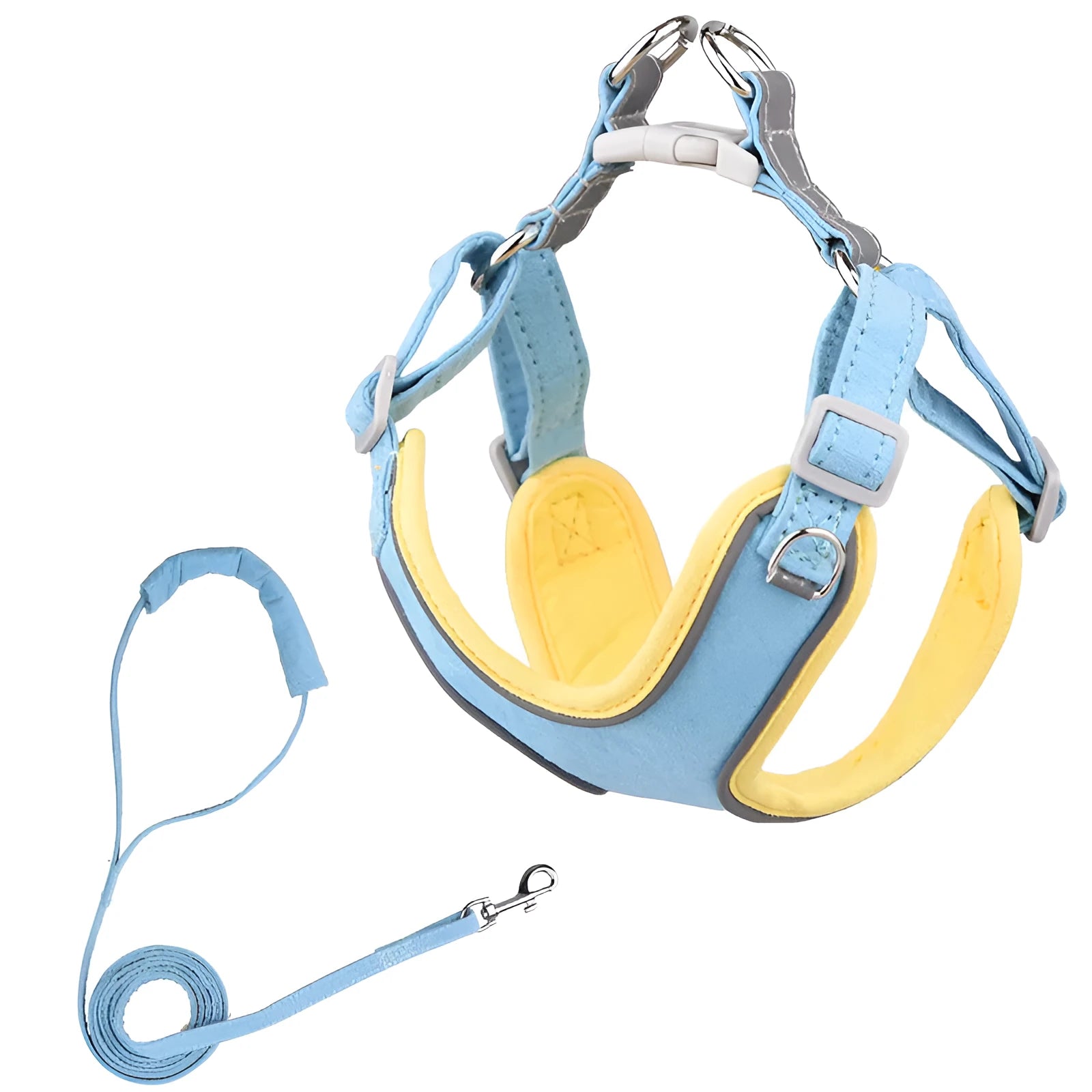 Adjustable suede dog harness and leash set in blue yellow colour for small to large dogs