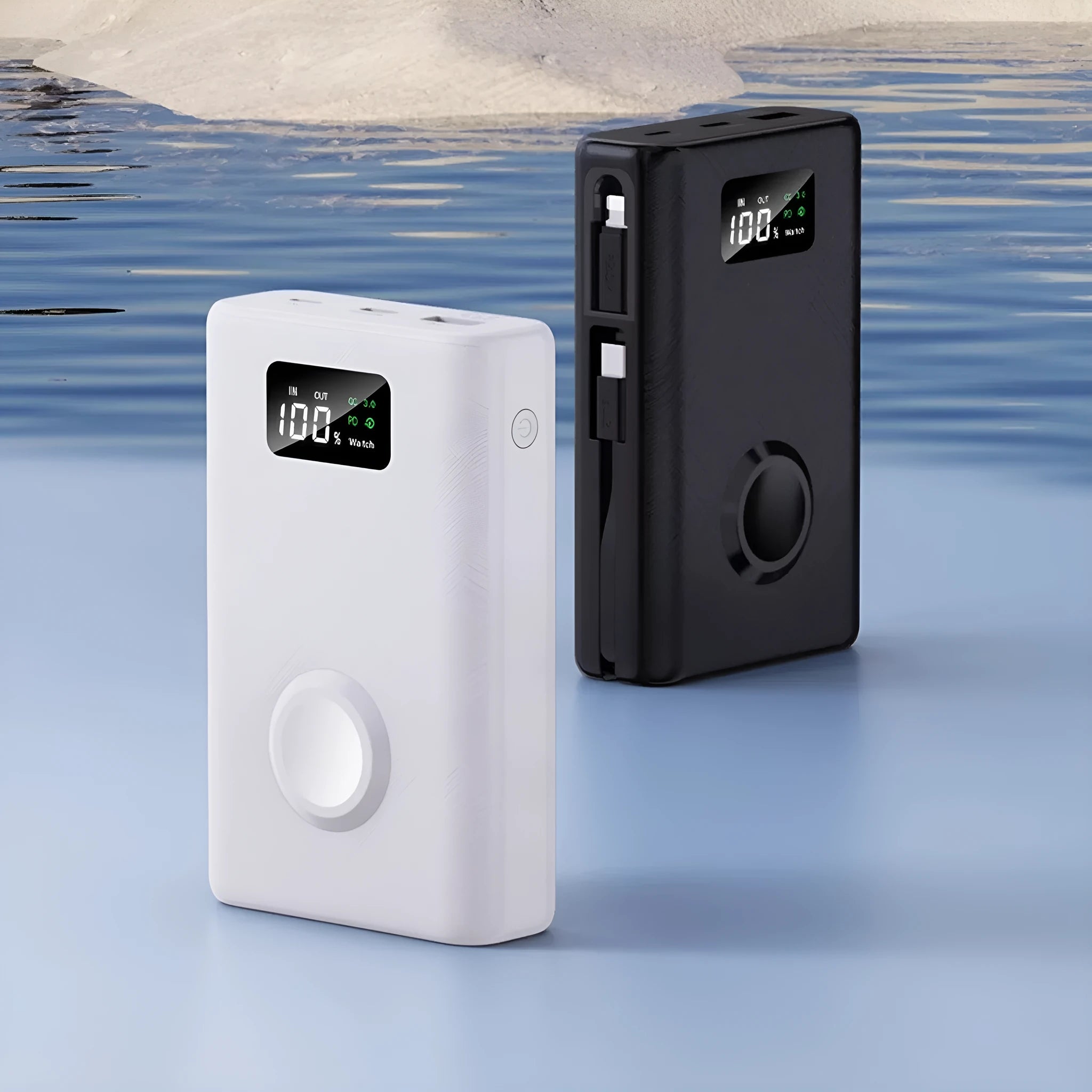 White wireless mobile power supply showing screen display and multiple charging ports