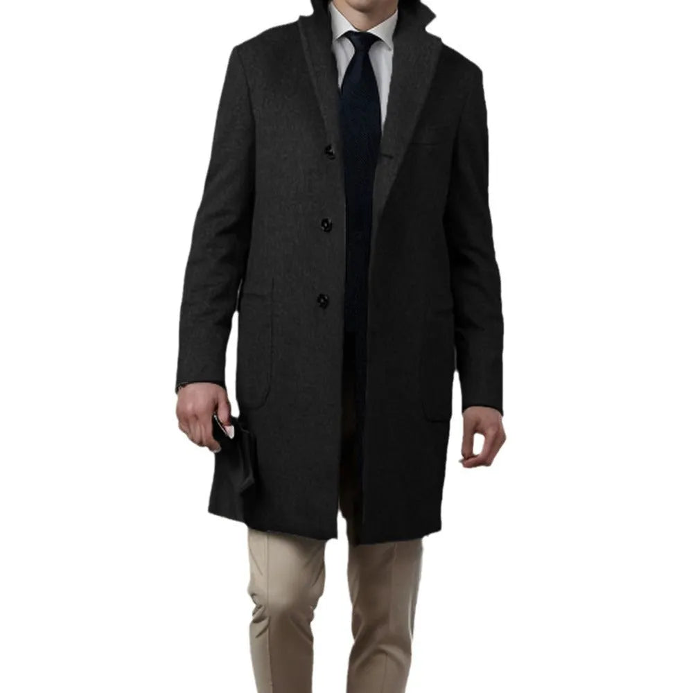 British-style medium-length slim fit men's wool winter coat in navy blue