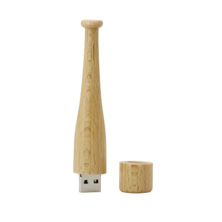Baseball bat shaped wooden USB flash drive on a surface