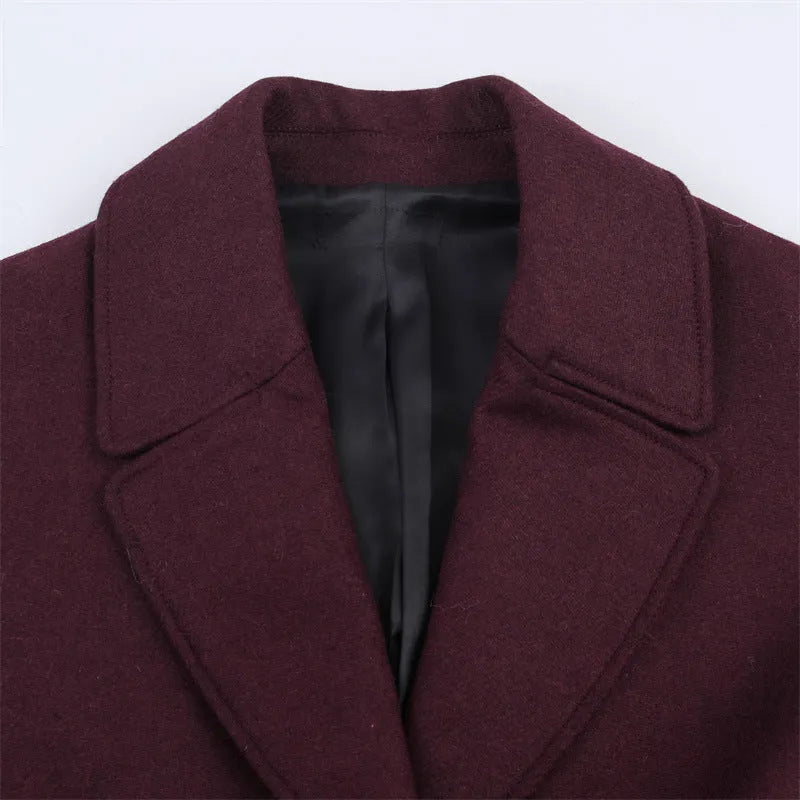 Women's all-match loose slimming long overcoat in wine red with spandex blend fabric for commute