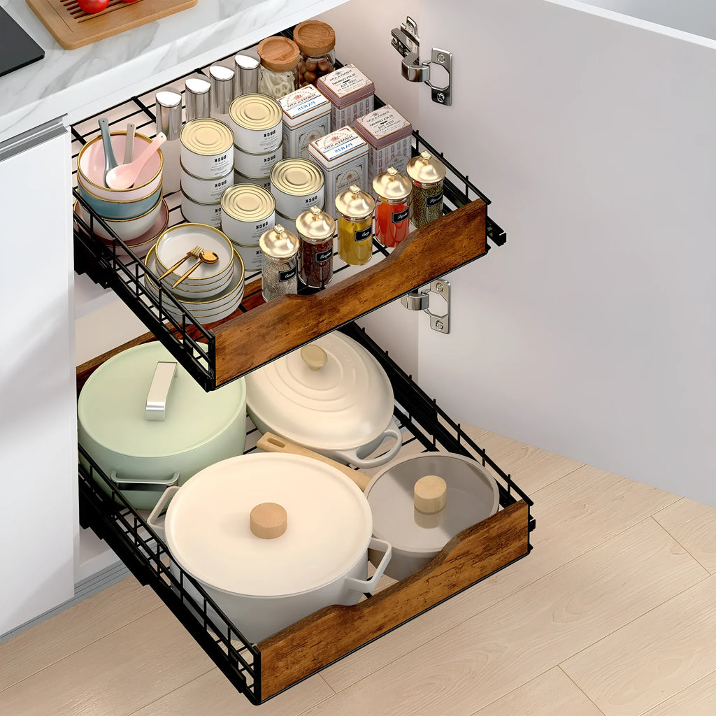 Black wooden and iron storage rack with a pull-out wire basket drawer.