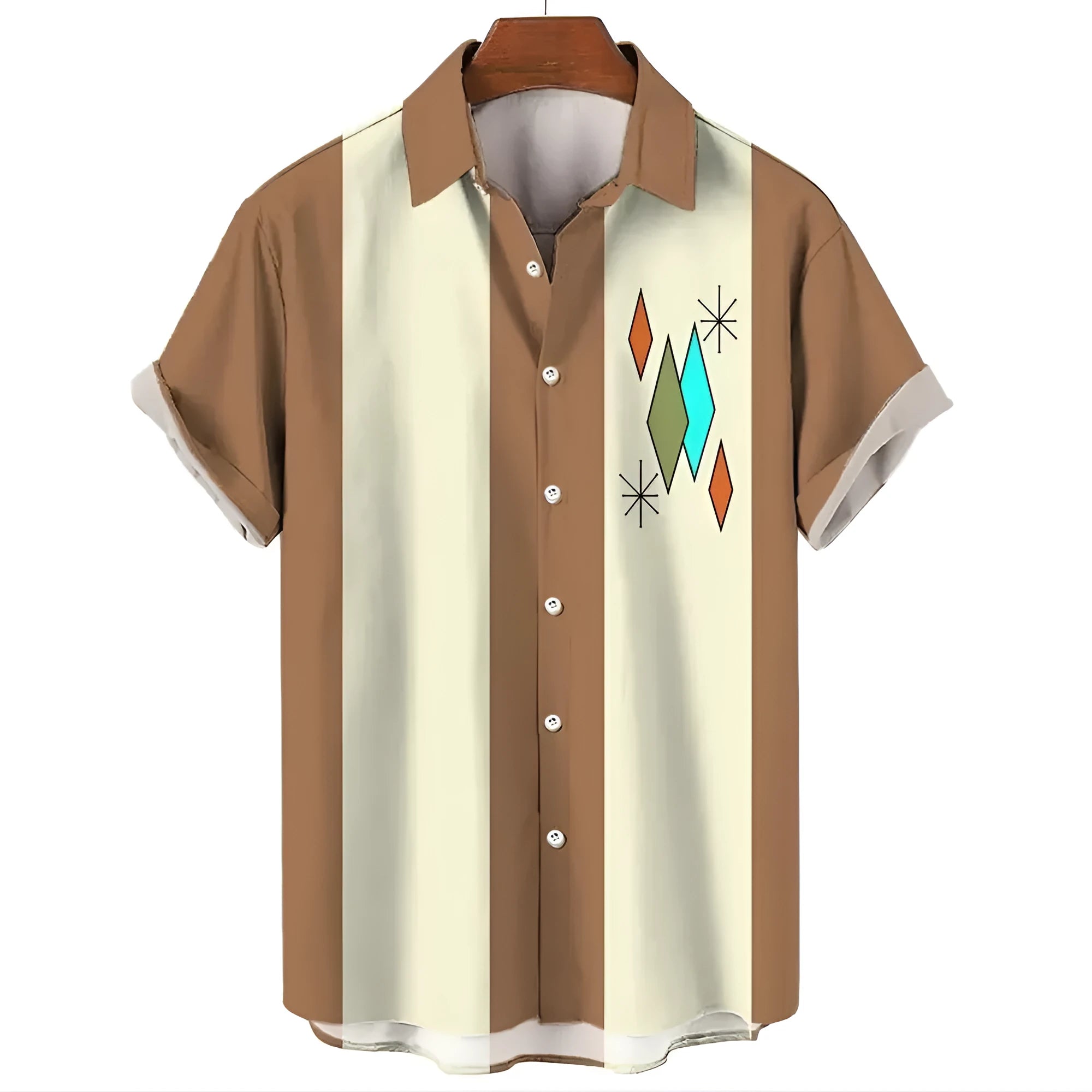 Men's striped Hawaiian short sleeve button-up shirt on a hanger.
