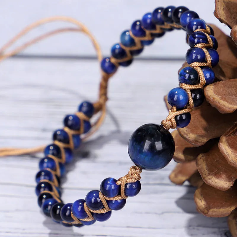 Handmade woven geometric bracelet with tiger eye stone beads and adjustable pull cord