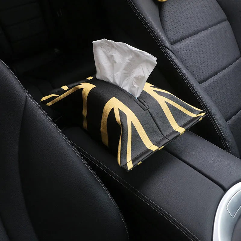 Mini car tissue box British Union Flag design leather tissue bag 18cm by 27cm black and white plaid