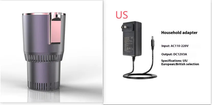 Black 2-in-1 car cup heater and cooler with digital display inserted in a vehicle cup holder.