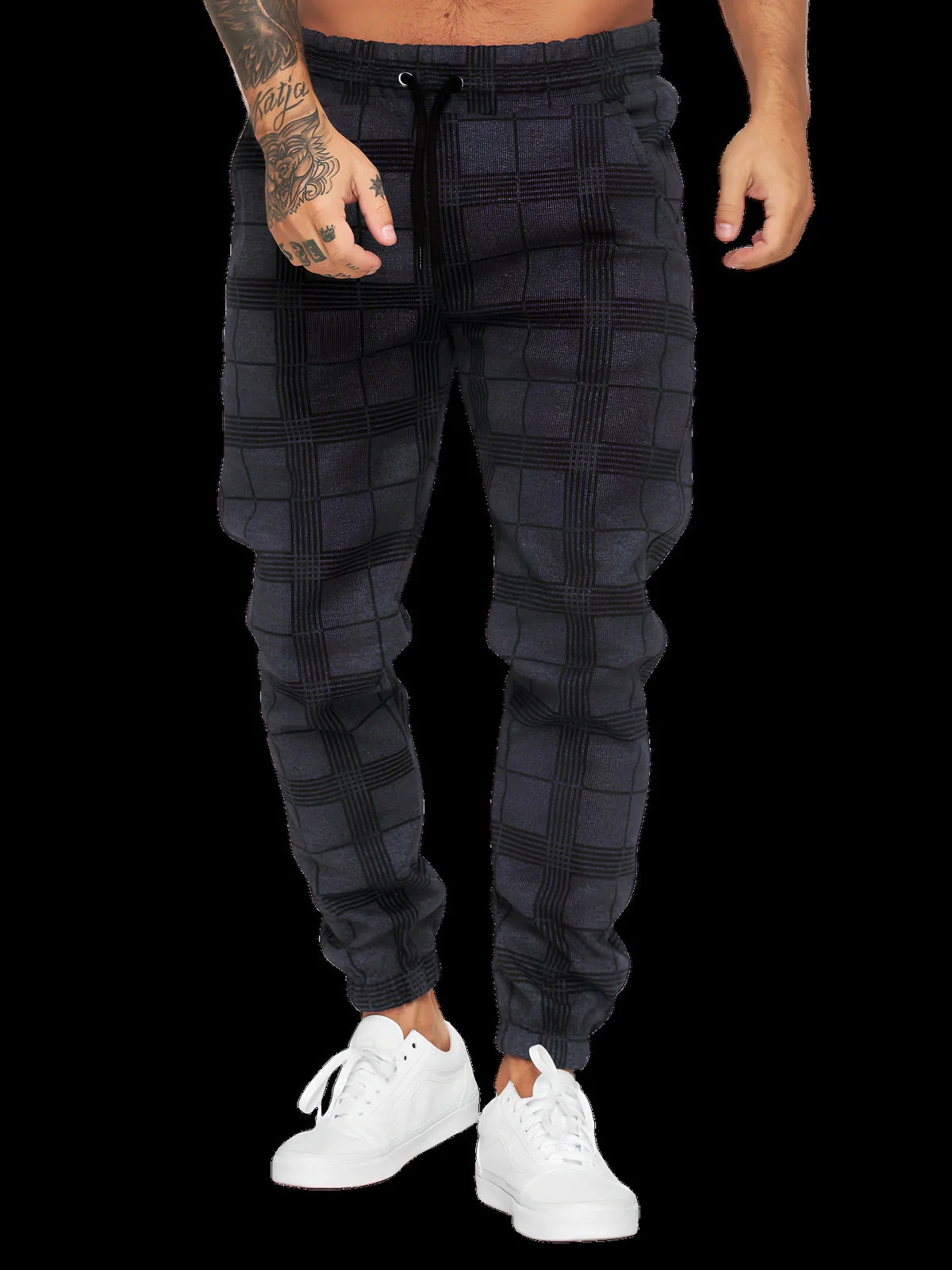 Men's checkered 3D digital print cotton trousers with tapered fit and elastic waistband