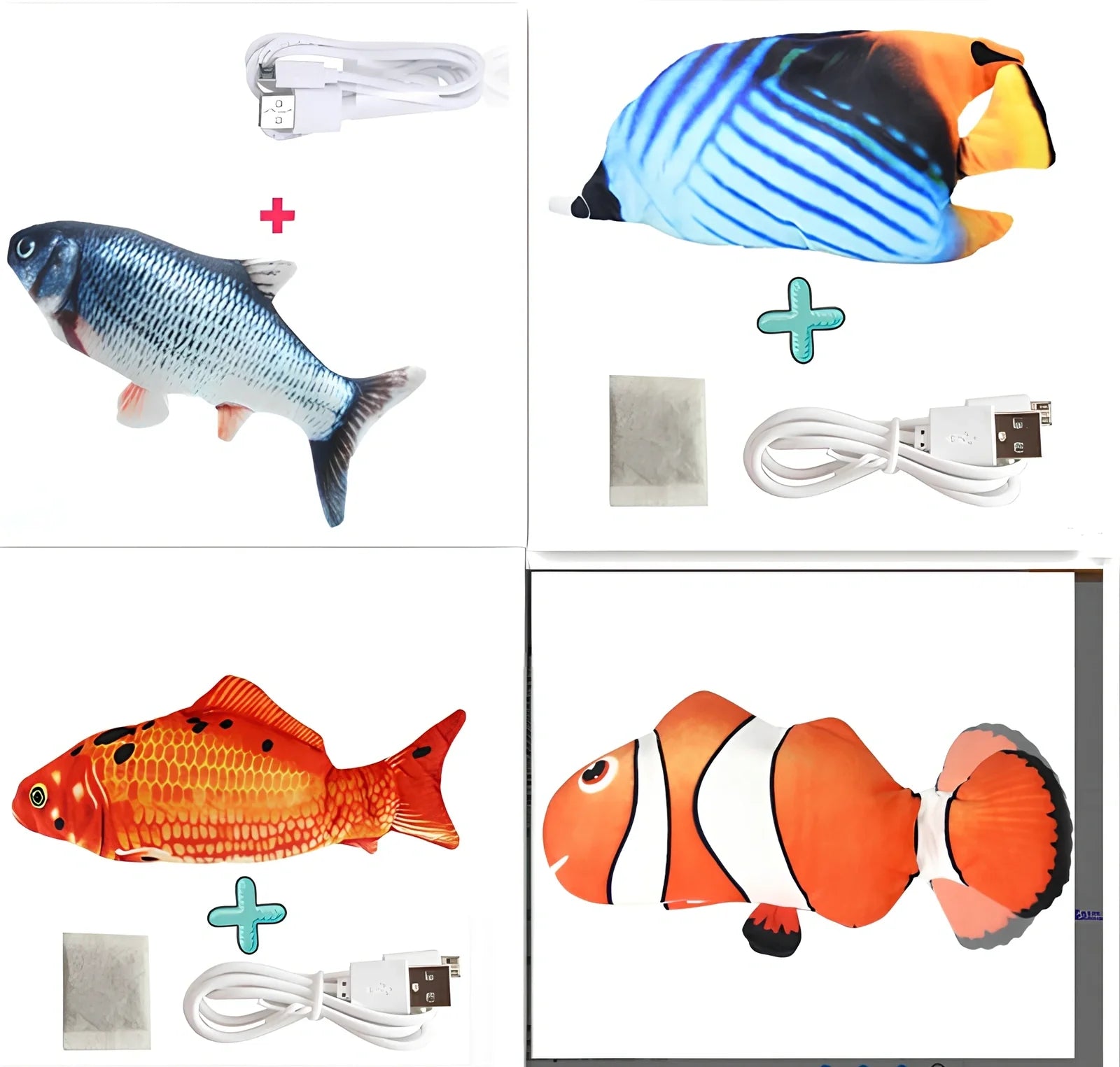 Electric flopping fish cat toy in clownfish design, 30cm long, USB rechargeable with touch sensor for play activation