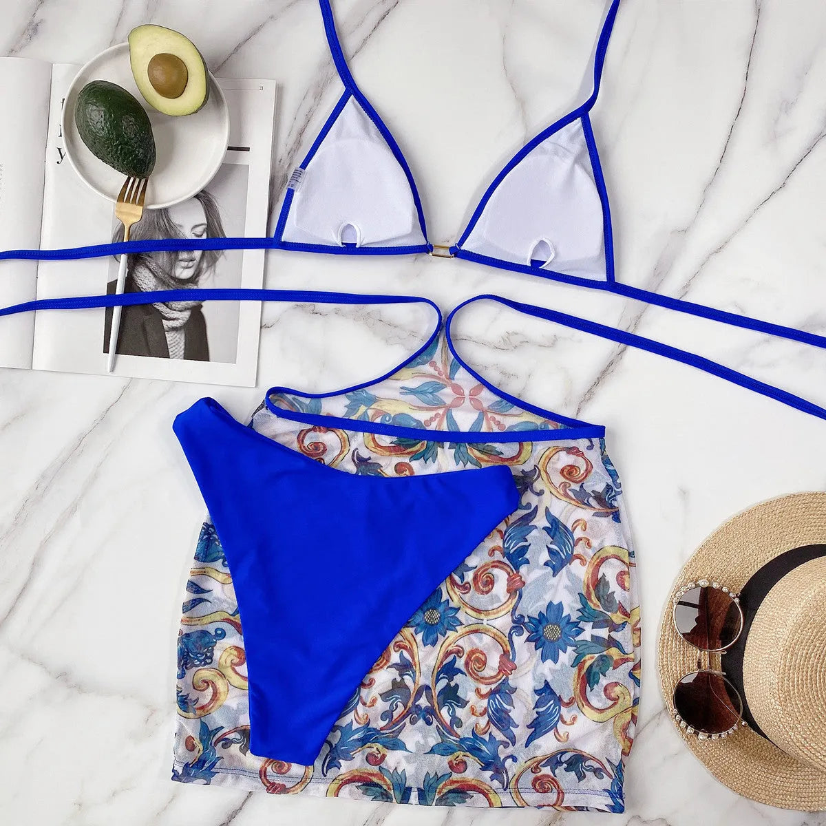 Blue triangle bikini 3 piece set with chest pad spandex polyester women swimwear sizes S M L