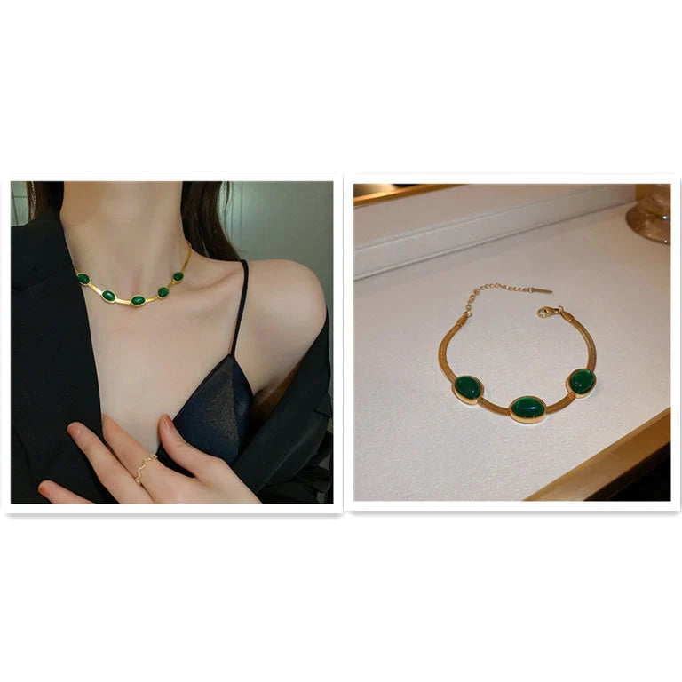 Boho green stone crystal snake chain multilayer necklace and bracelet set for women