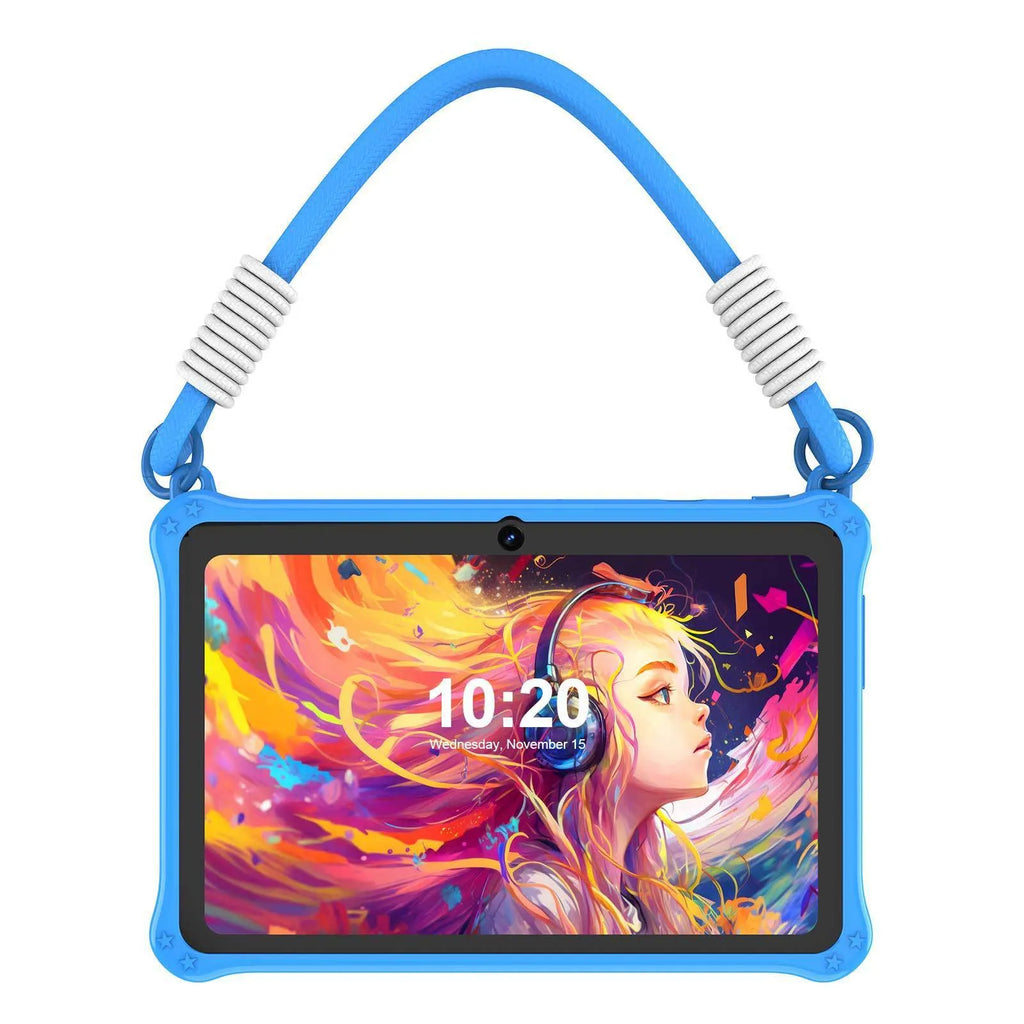 Sapphire blue silicone protective case for a 7-inch children's device with a flat strap, shown with included screen film and cable.