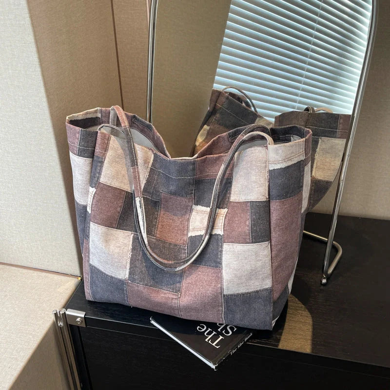 Women's denim tote bag with colour-contrast check design for daily use