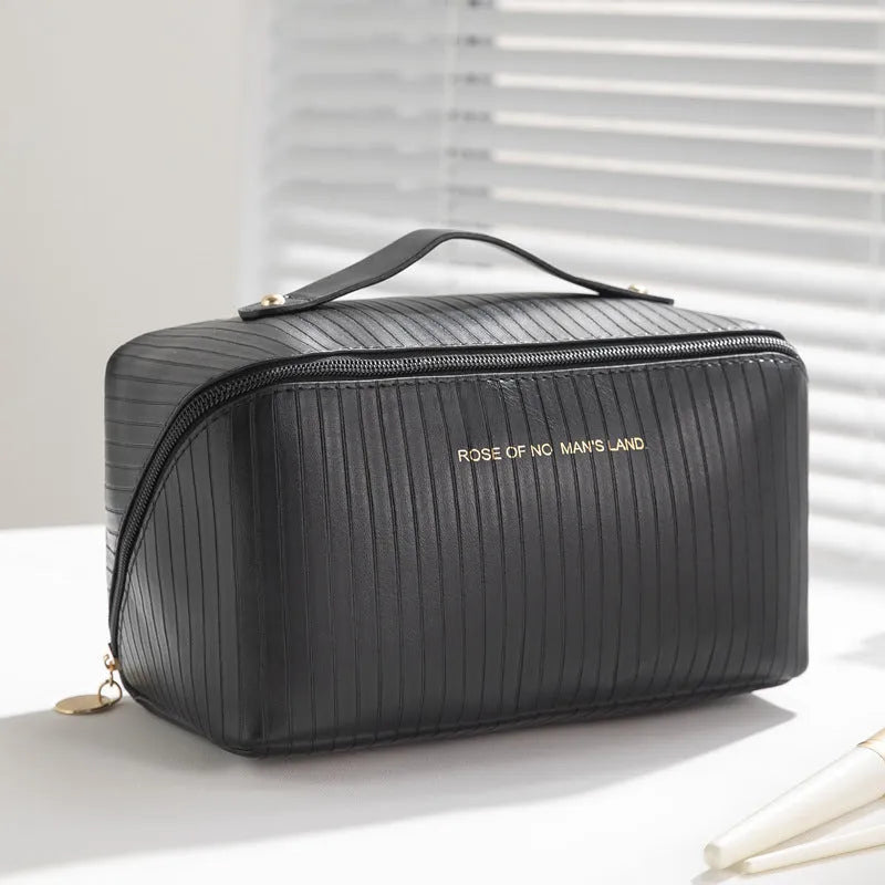 Vertical pattern pillow makeup bag cubic shape 22.5 cm PU material beige black brown grey pink options