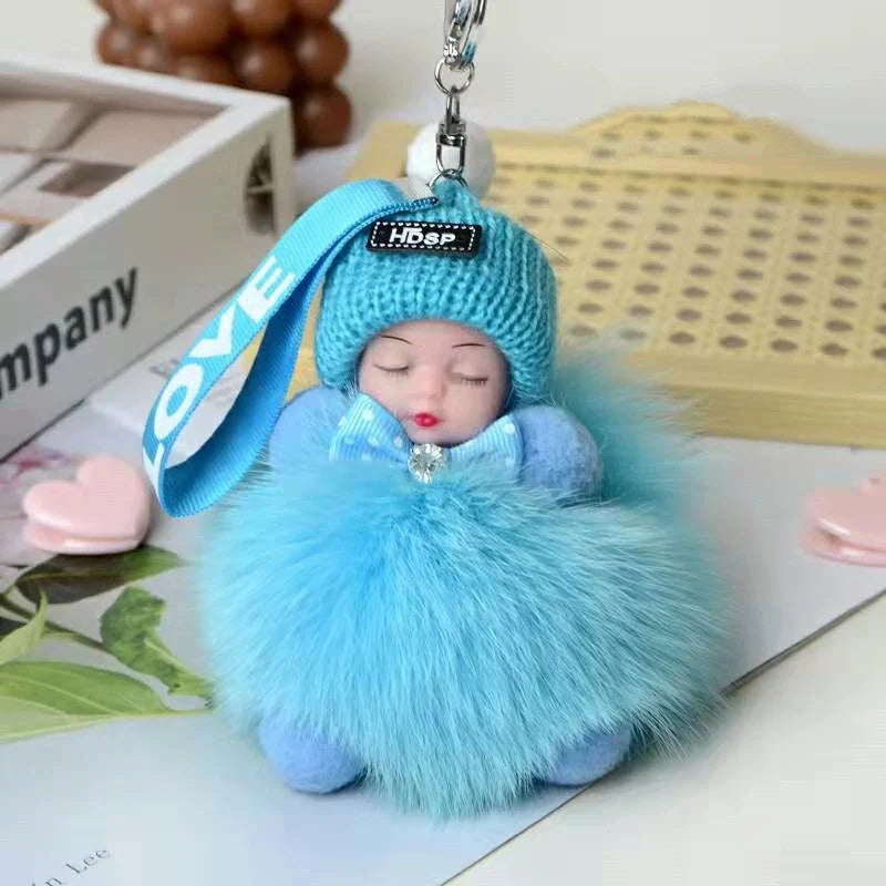 Hand-woven fox fur sleeping doll plush keychain pendant with or without bow