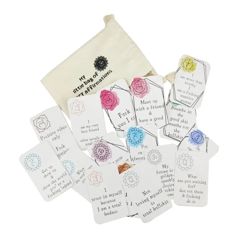 Set of 16 funny affirmation cards with colourful healing series designs in greeting card bag size