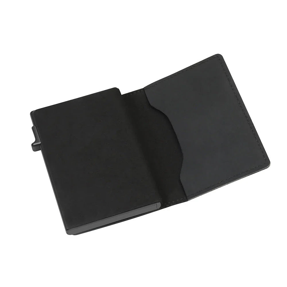 Premium RFID-blocking leather wallet with multiple card slots and dedicated compartments for cash and tracking devices