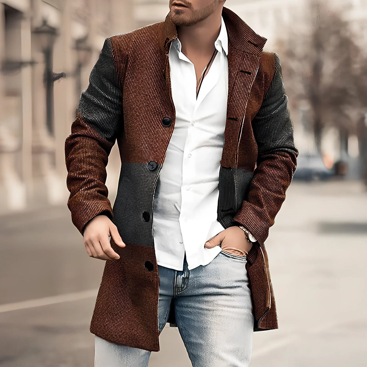 Youth slim casual cotton windbreaker jacket in blue or brown, sizes M-4XL with 83-88cm length and 110-130cm bust measurements