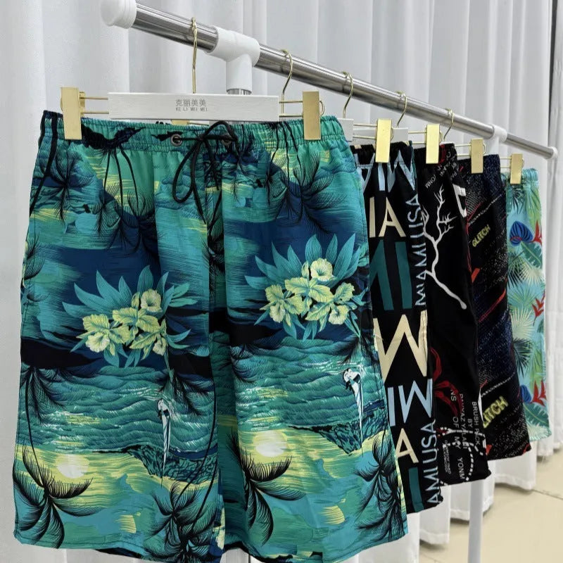 Man's loose-fitting striped beach pants made from quick-drying polyester fabric.