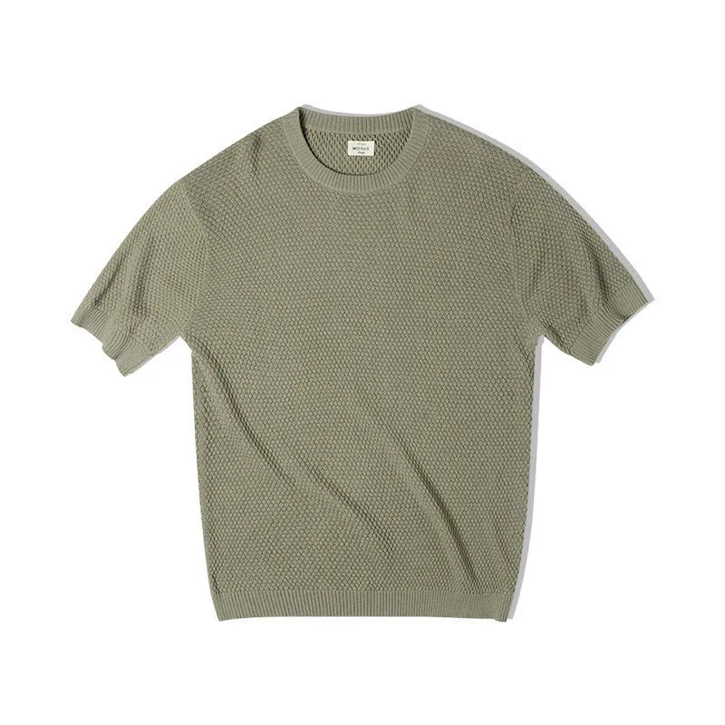 Men's 3D knitted pineapple pattern T-shirt in khaki green, front view, casual fit