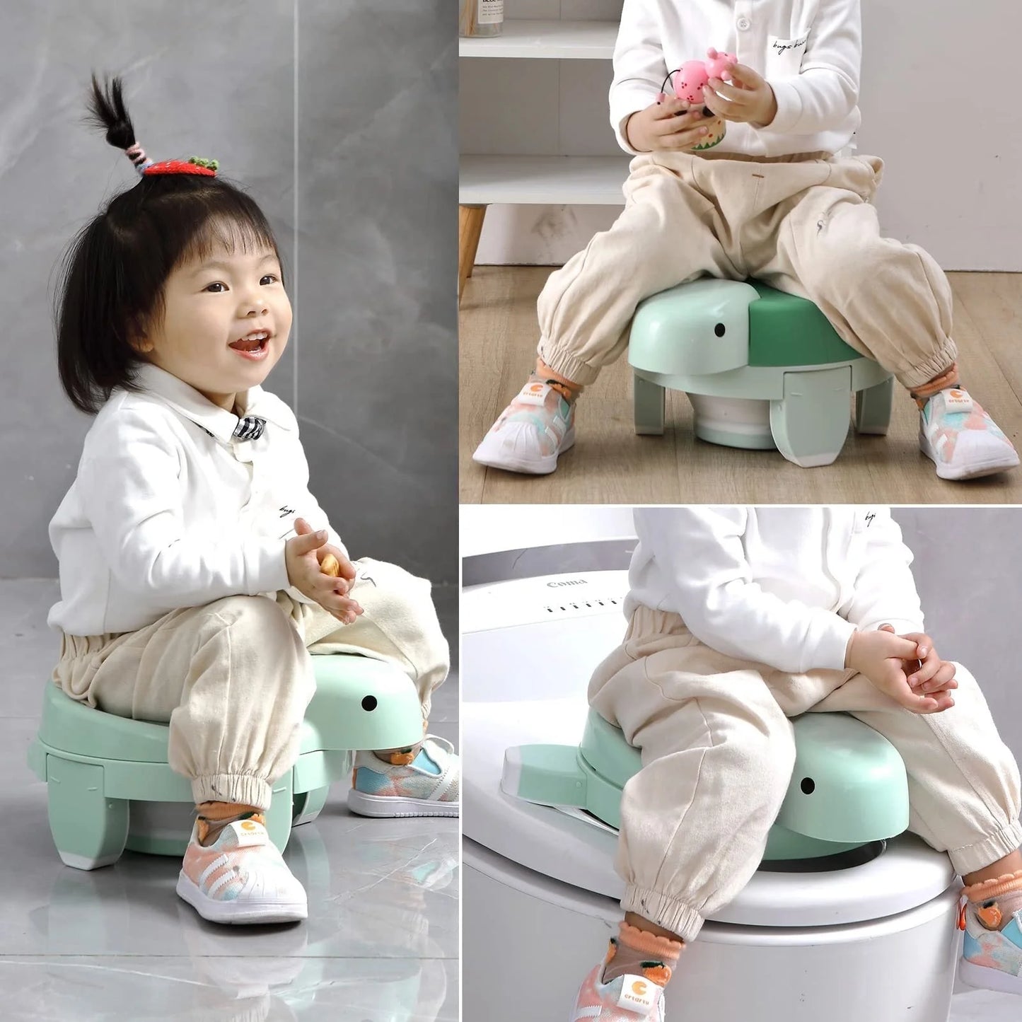 Children's portable folding training toilet with cute turtle design, ideal for potty training at home or on the go.