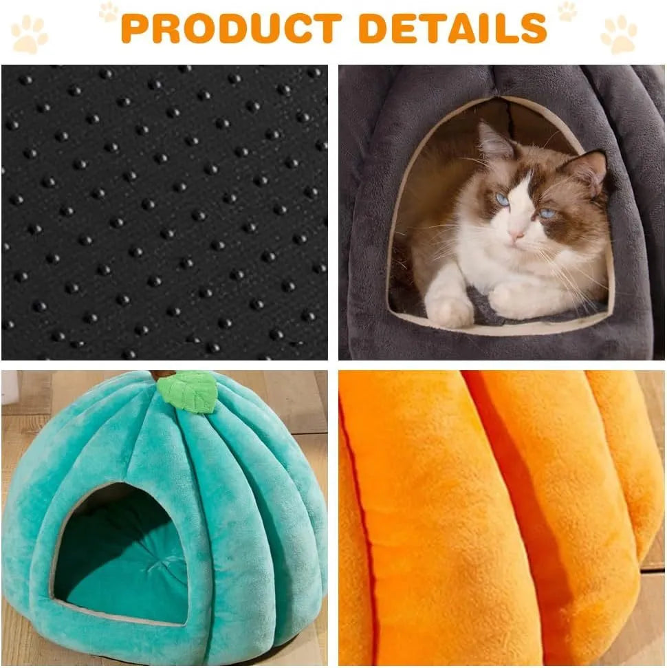 A grey pumpkin-shaped semi-enclosed cat bed with a plush interior, shown on a wooden floor.
