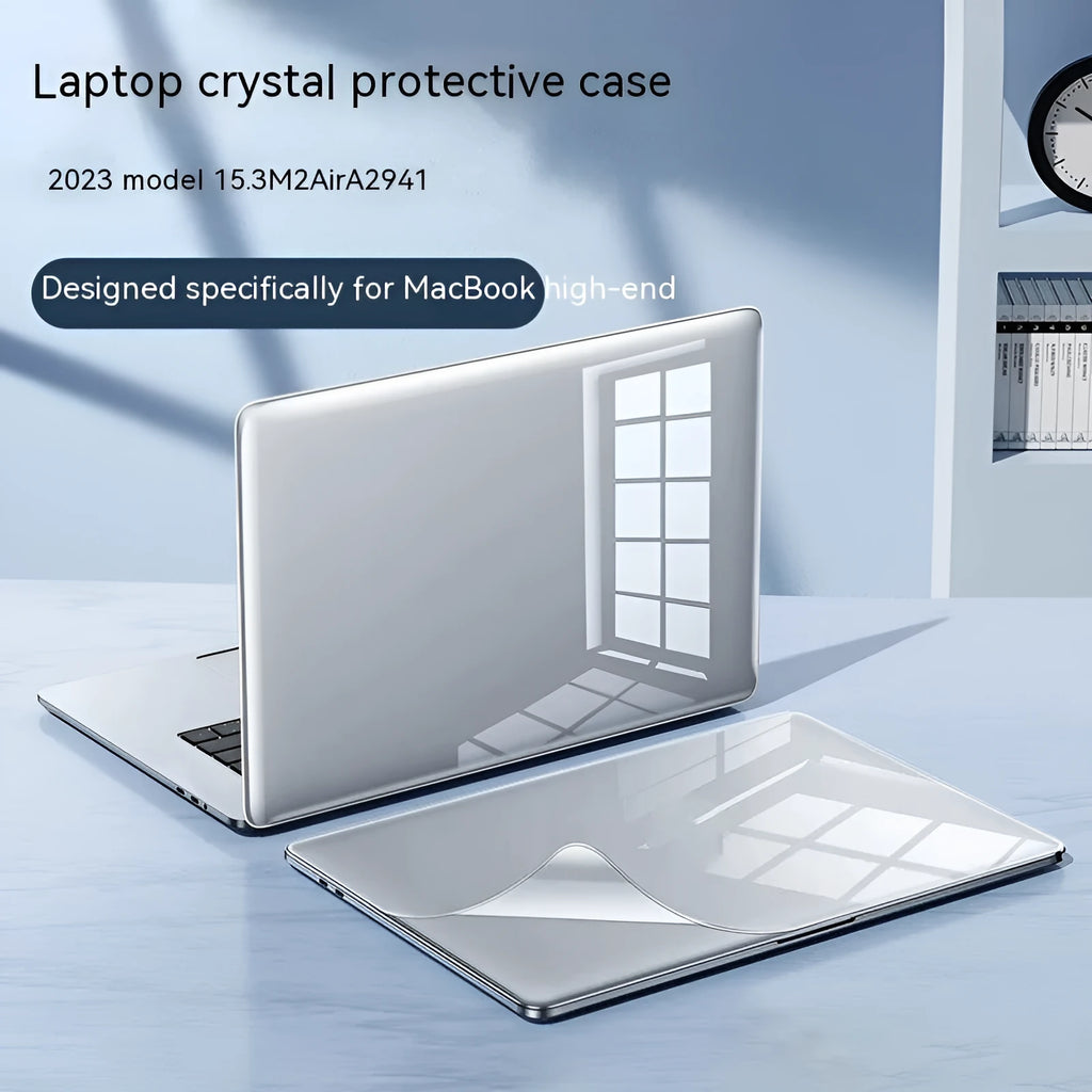 Plastic protective case for MacBook Air and Pro laptops in transparent and black colour options.