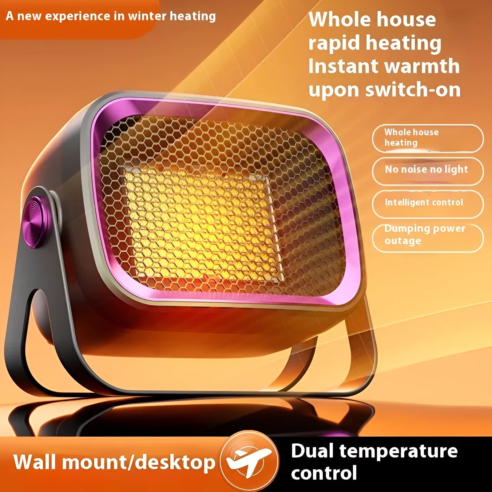 White PTC ceramic desktop heater with rotating base and push-button controls