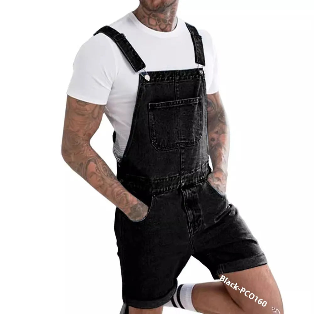 Men's medium elastic denim suspender pants in straight leg cut with detachable suspenders