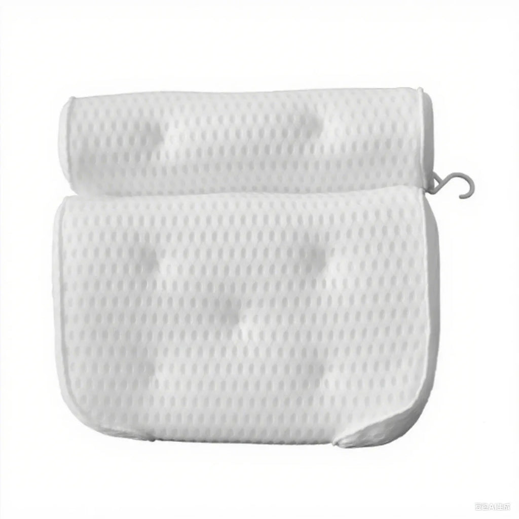 White 4D mesh bathtub pillow with non-slip suction cups, shown on a bathtub.