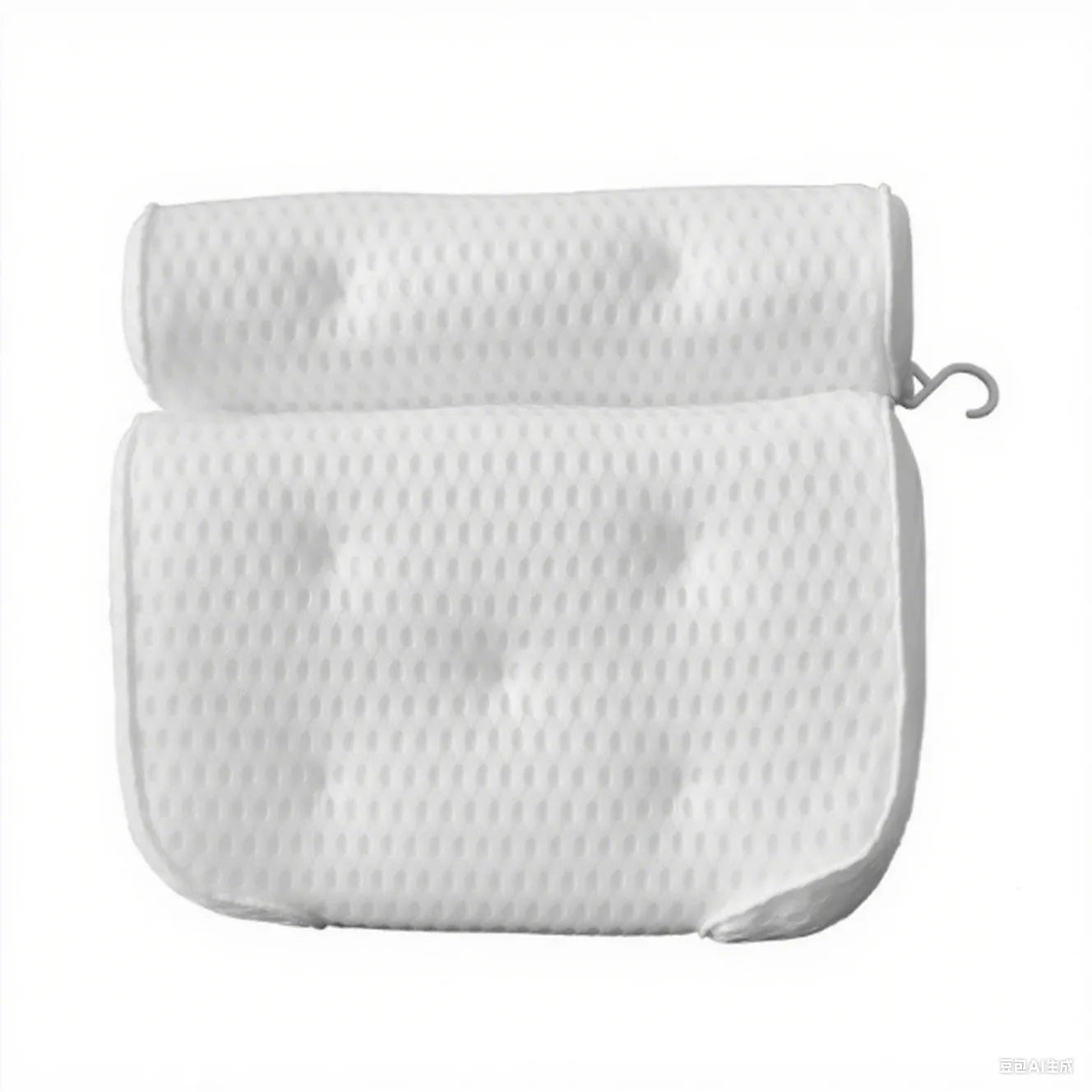 White 4D mesh bathtub pillow with non-slip suction cups, shown on a bathtub.
