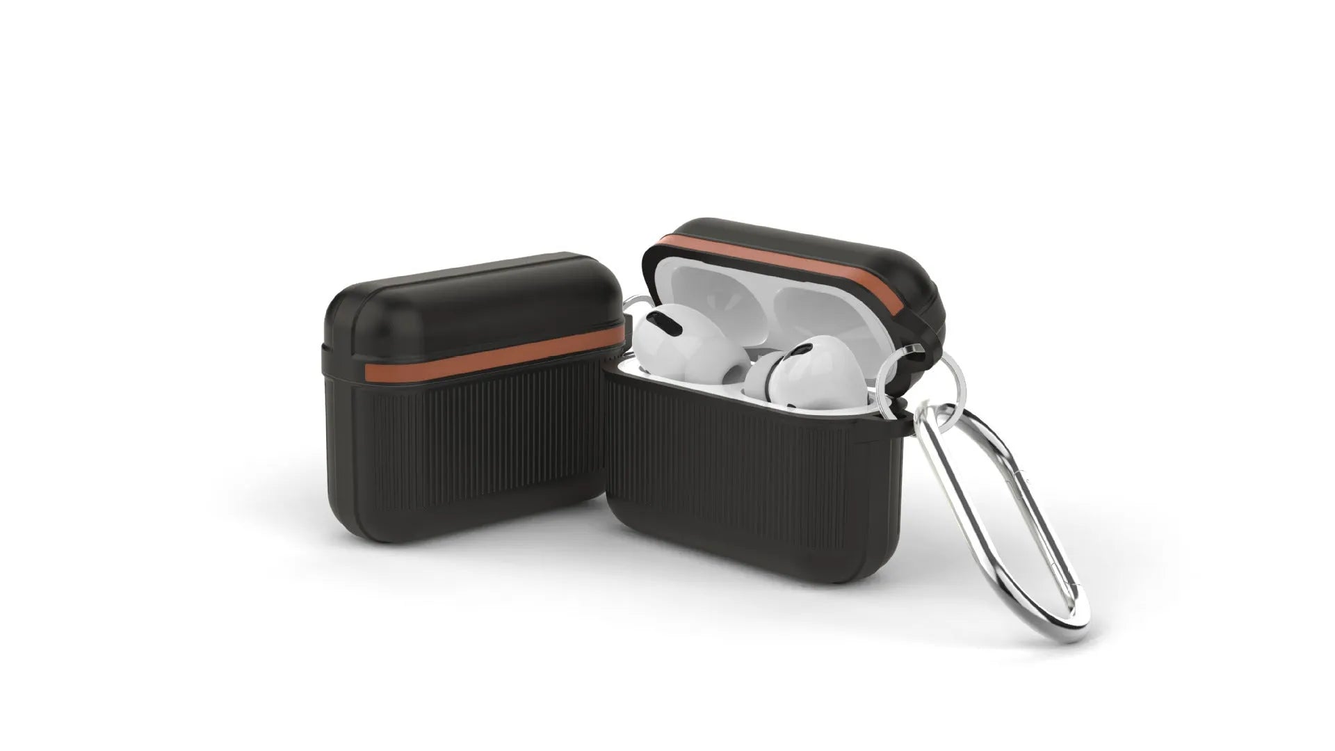 Beige silicone clamshell case for Apple AirPods with a metal buckle fastened.
