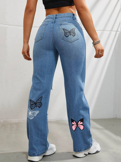 Women's high-waisted straight-leg jeans with butterfly print and distressed details