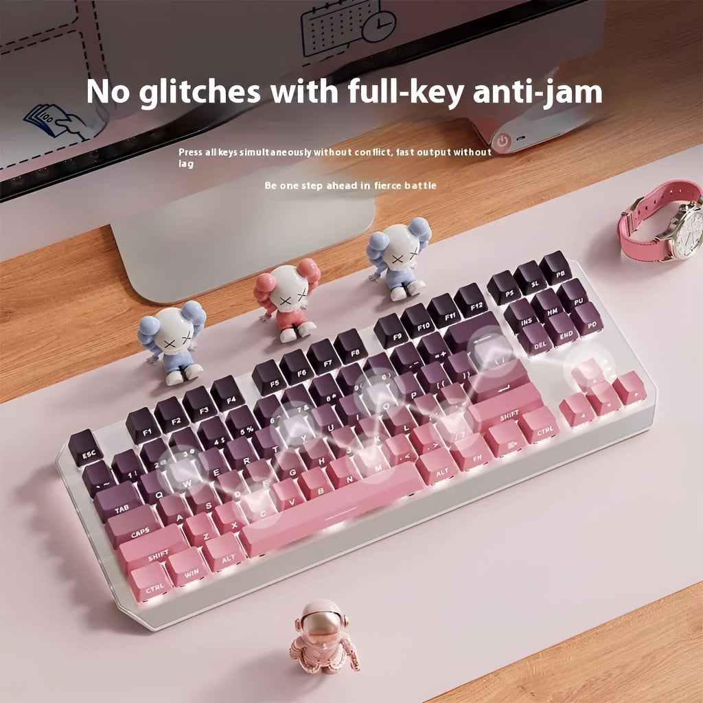 87-key wired mechanical keyboard with white backlight and side-engraved keycaps, available with red, tea, green, or black switches