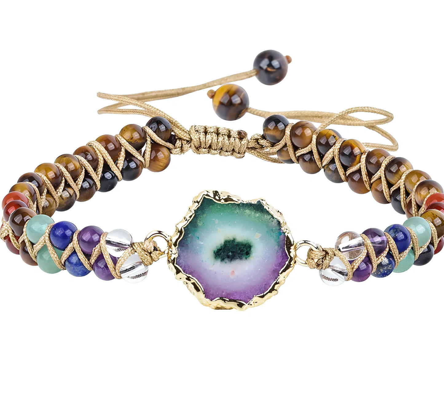 Geometric braided yoga bracelet with natural agate and crystal beads in lapis lazuli colour