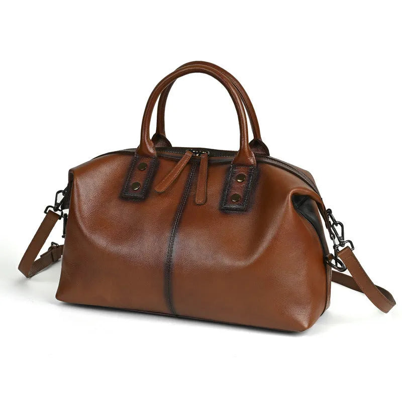 Women's retro large-capacity genuine leather handbag in brown with single shoulder strap and horizontal square shape