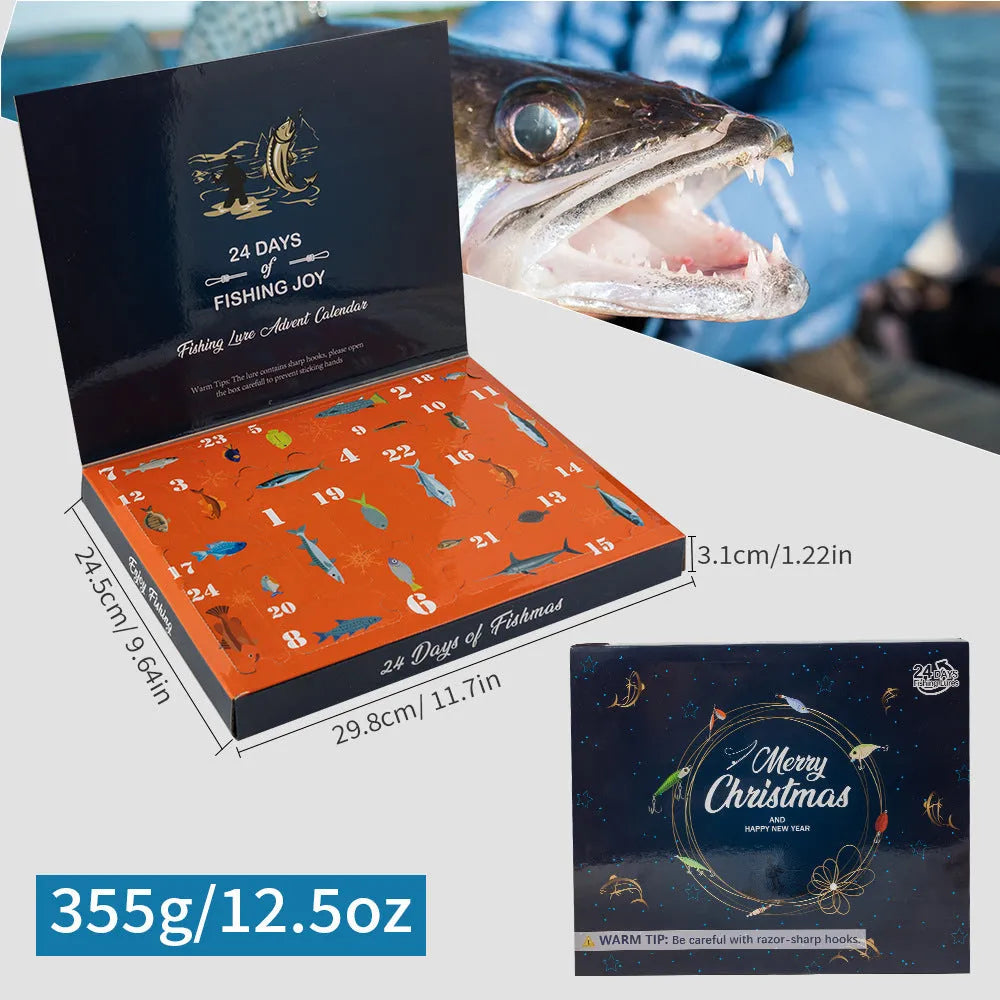 Christmas Mino bog themed metal blind box fishing set with 24 pieces including tackle and collectible figures.
