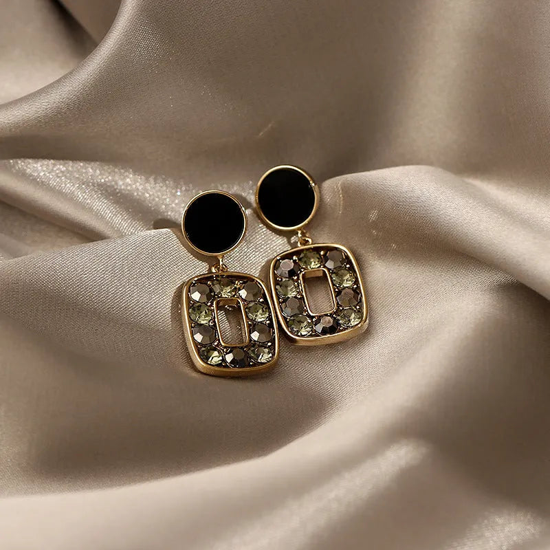 Women's retro crystal square earrings with rhinestones, silver needle post, electroplating alloy, Japanese Korean style