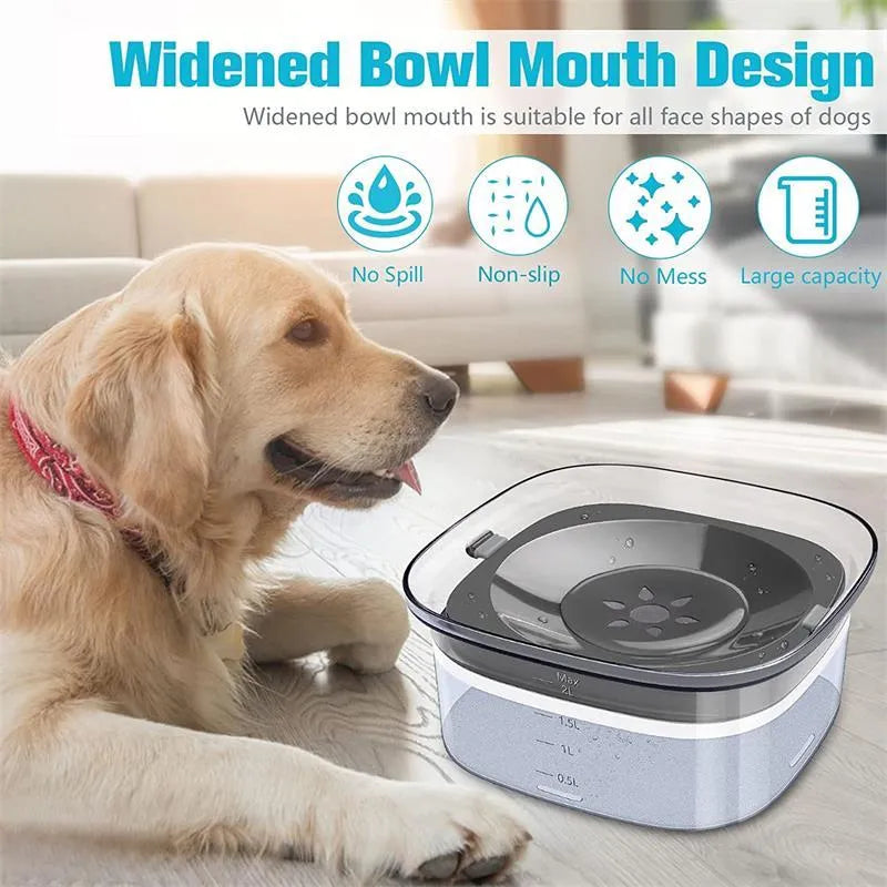 Transparent plastic dog water bowl with floating slow-feeder disk inside.
