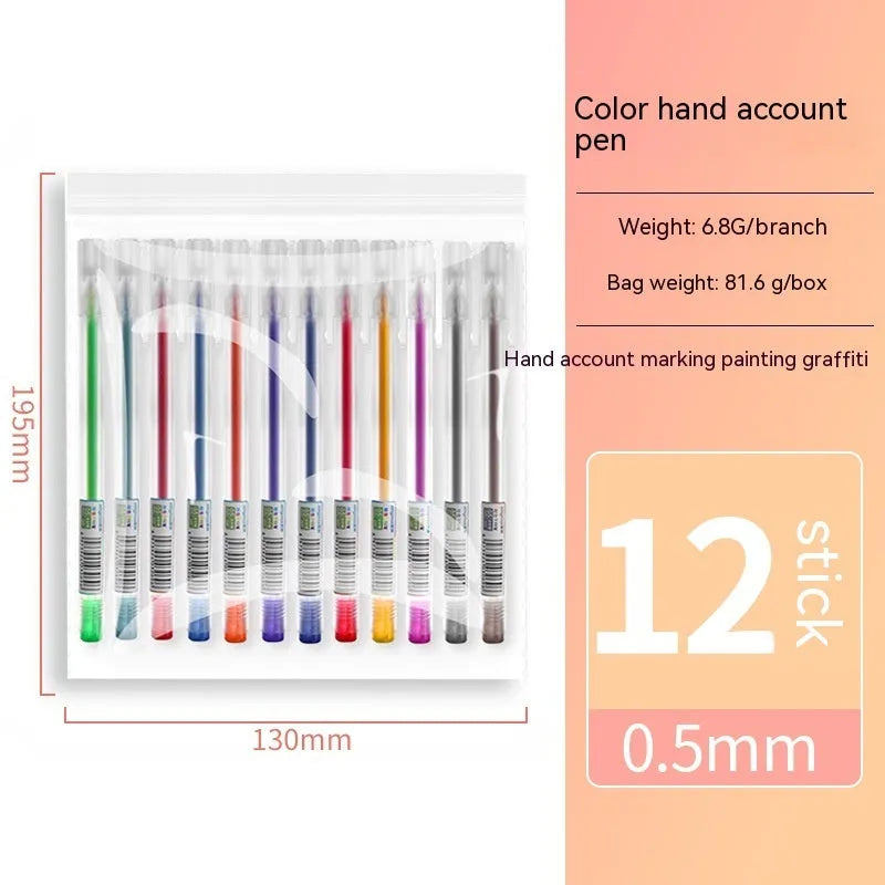 Set of 12 coloured gel pens with 0.5mm tips and plastic barrels for stationery and writing