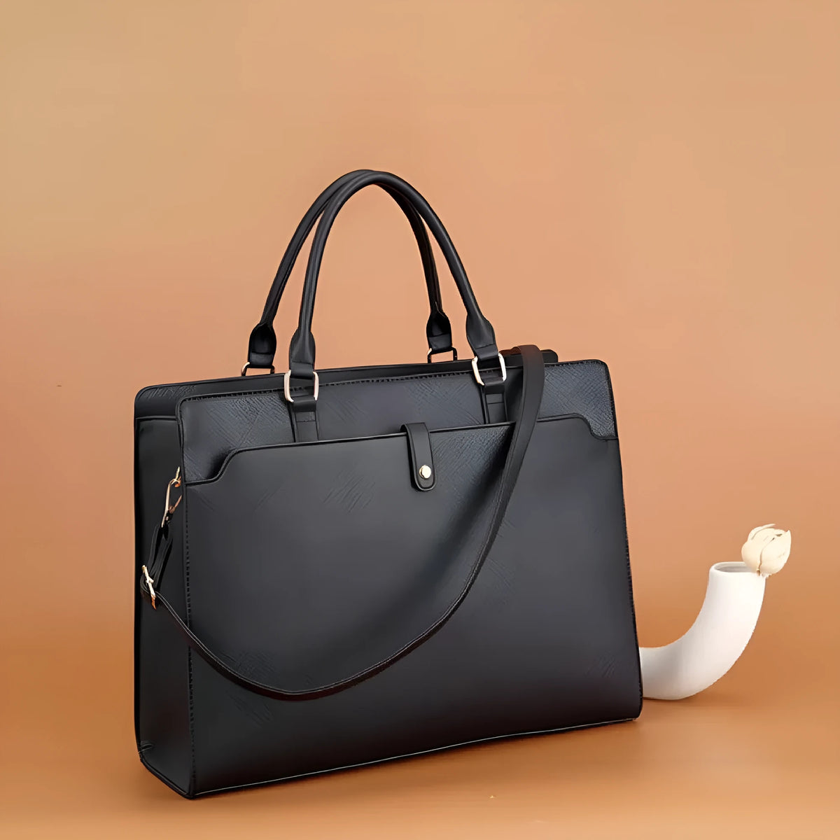 Women's large capacity PU crossbody bag in black, 42x15x32 cm, with crossbody strap, on white background