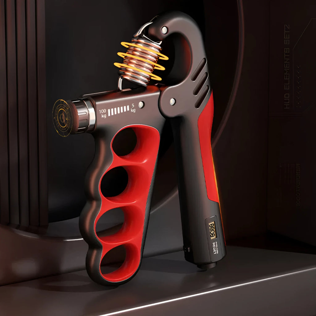 Adjustable electronic count spring grip with digital display in orange, red or grey colour options