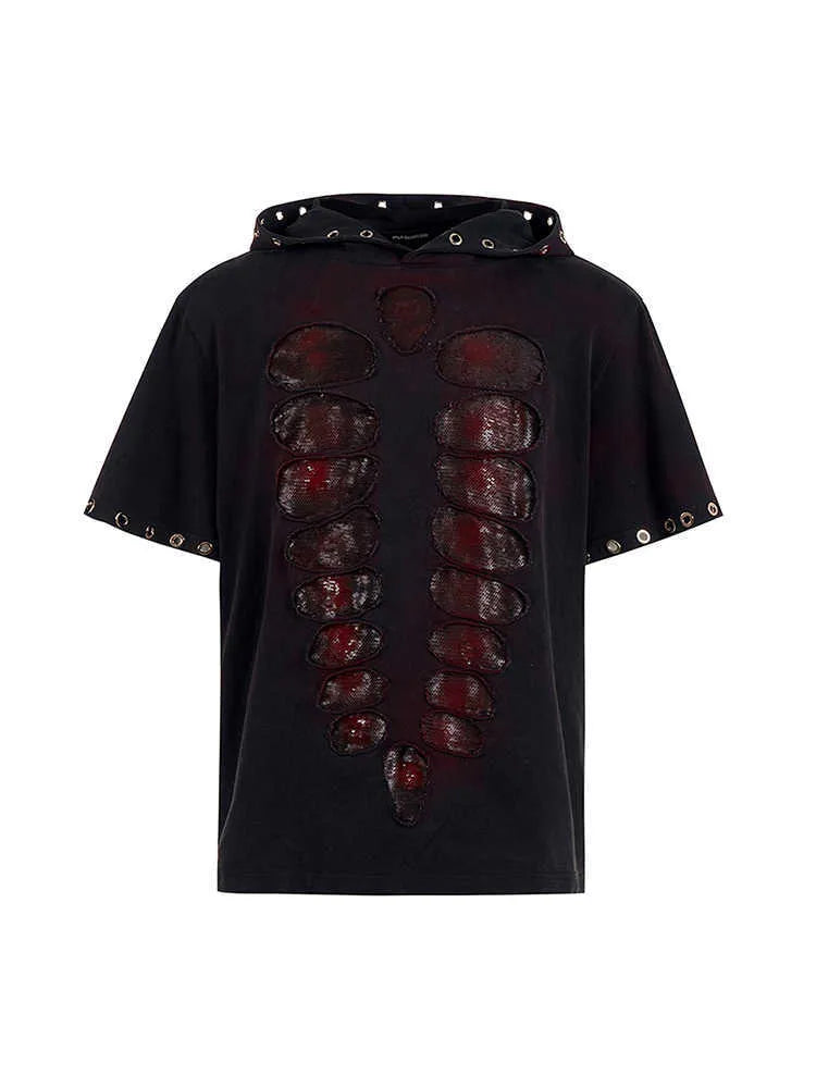 Black men's hooded short-sleeve T-shirt with sequin detailing in a loose fit.