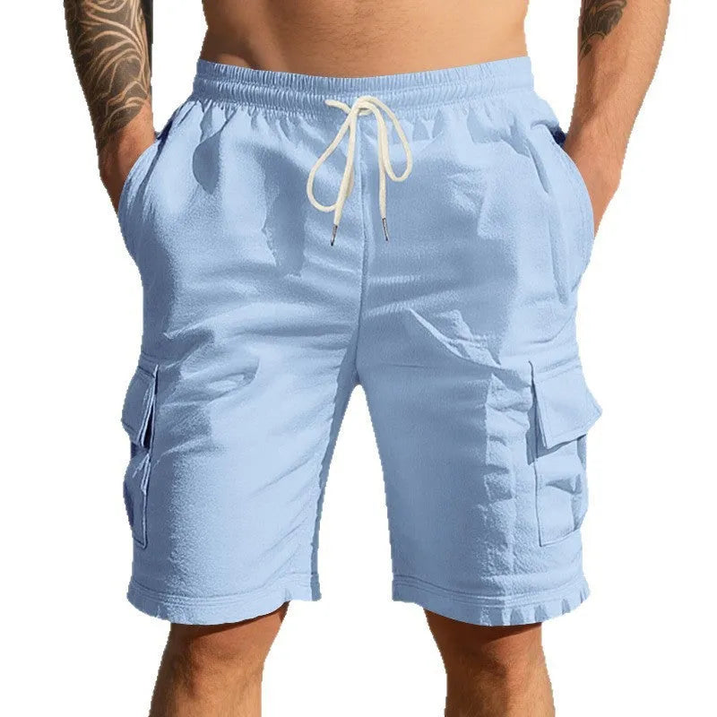 Men's linen casual shorts with multiple pockets in straight cut design