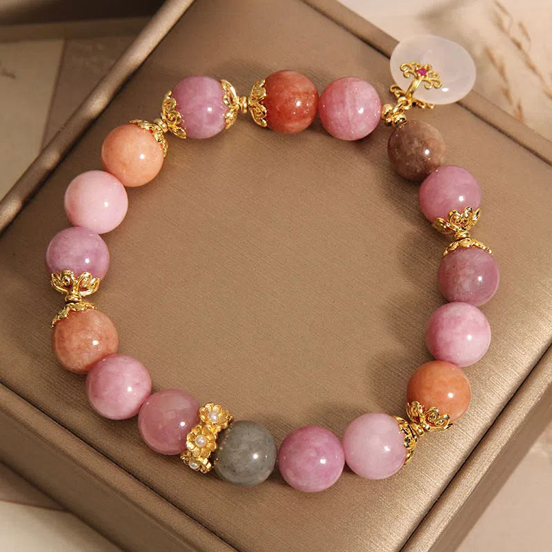 Macaron tourmaline peace buckle pendant bracelet on neutral background, women's retro style