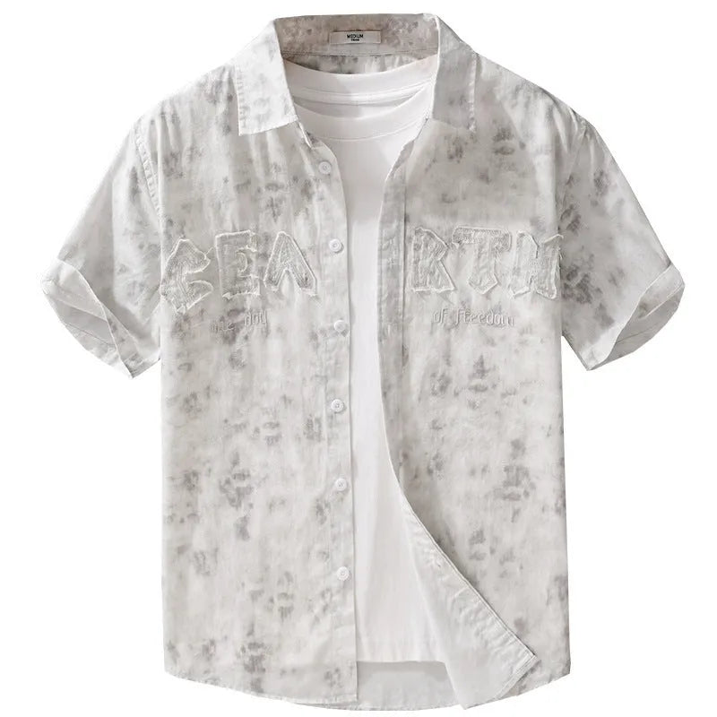 Mens grey white hanging dyed print pure cotton short sleeve cardigan loose fit