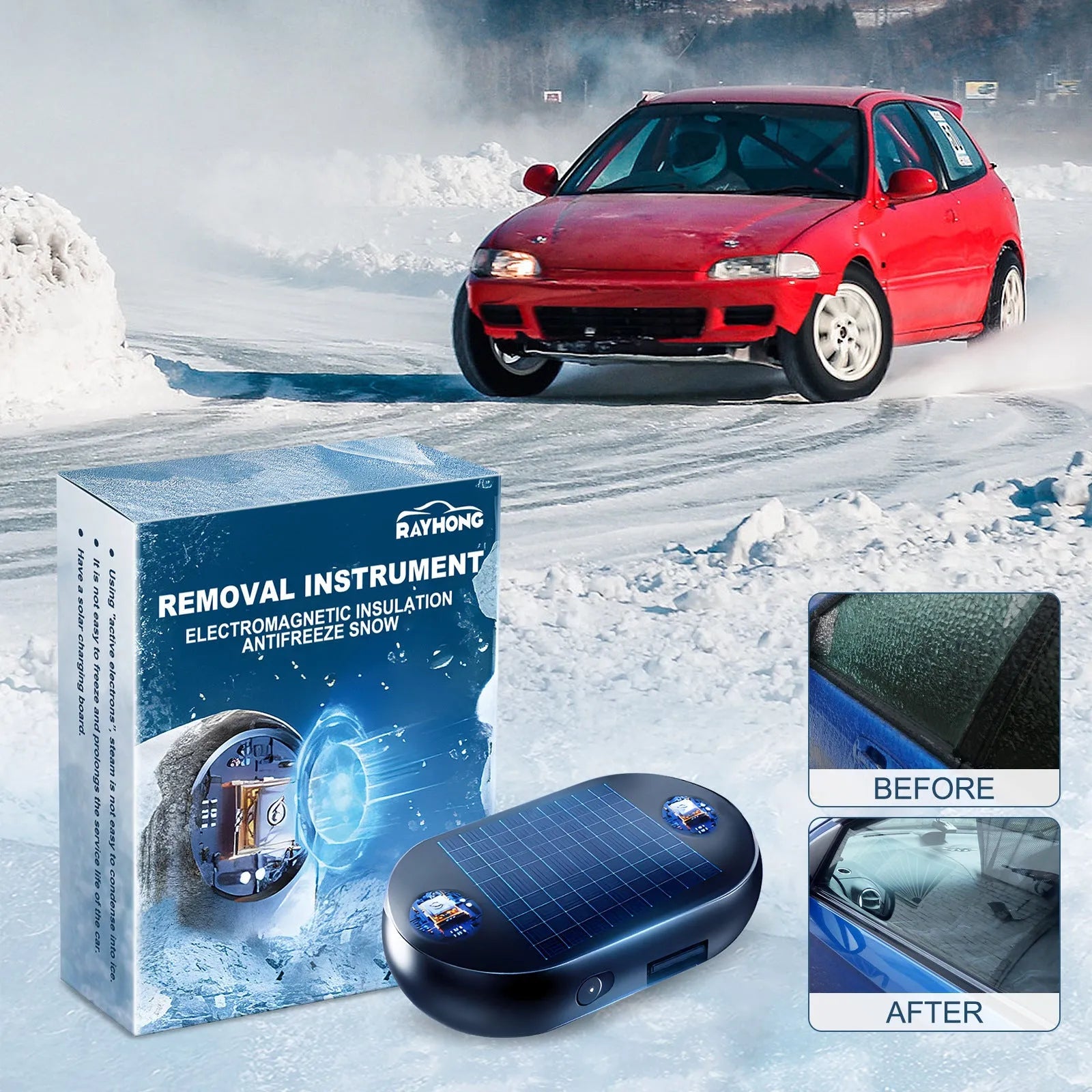 Portable car windshield de-icer tool with switch and double-sided tape for winter ice removal