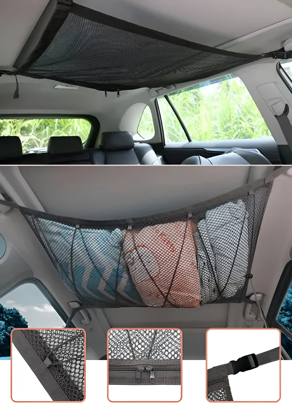 Double-layer mesh hanging car storage bag in black non-woven fabric for overhead console use